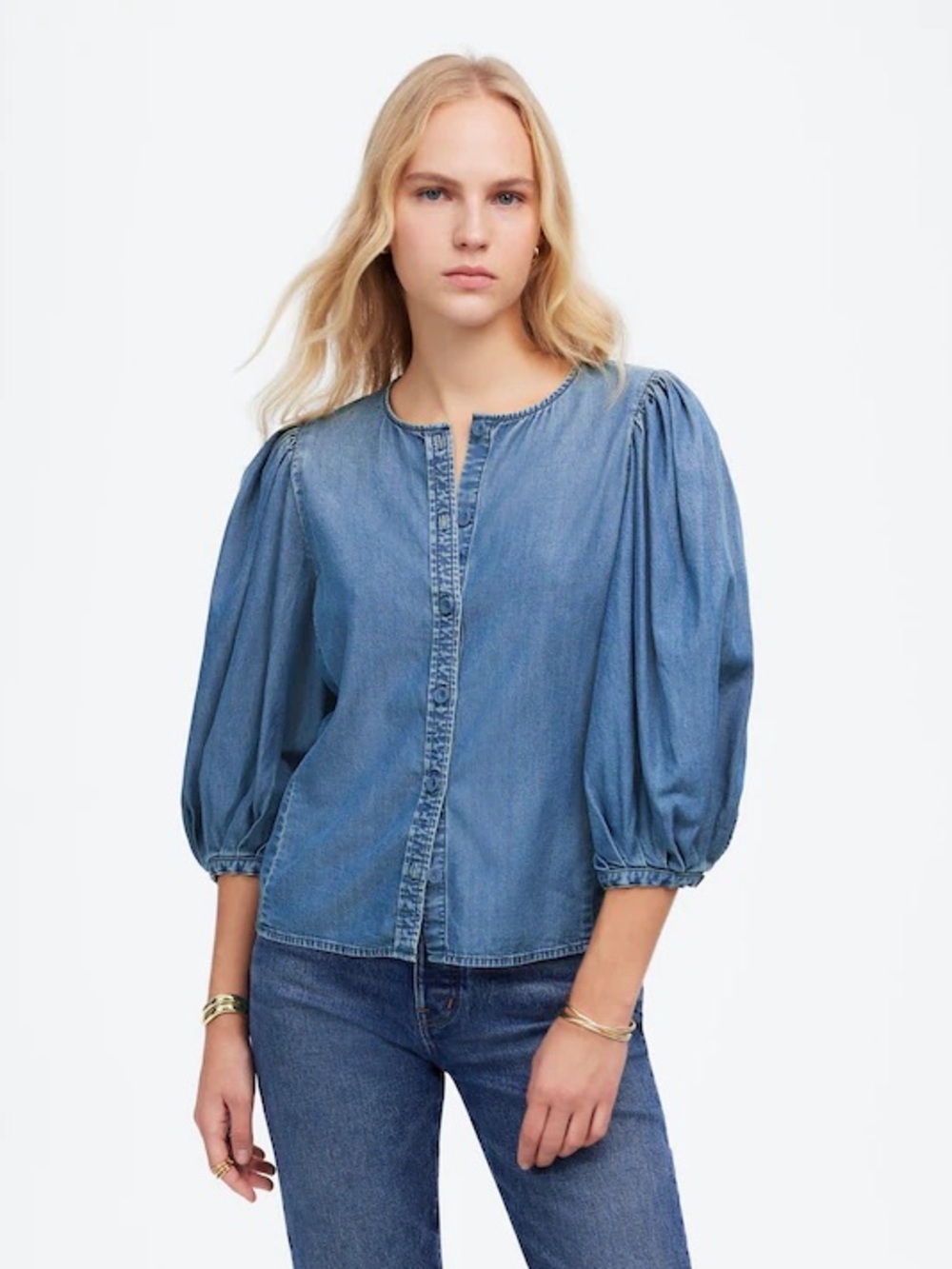 Madewell Denim Puff-Sleeve Button-Front Top - size 4
